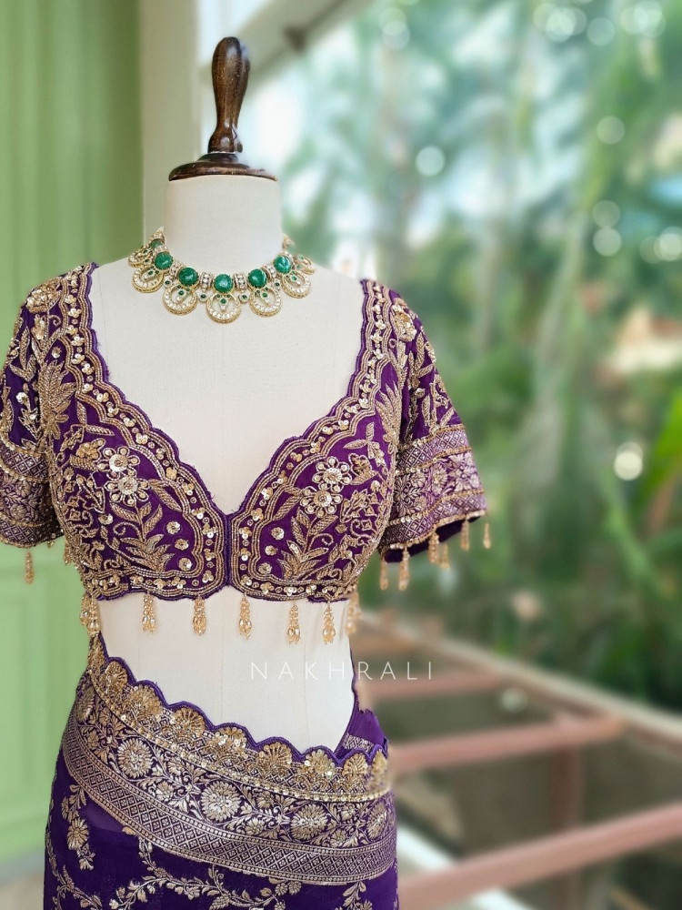 Image of Tarangini Purple Banarasi Silk Blend Saree with Readymade Blouse