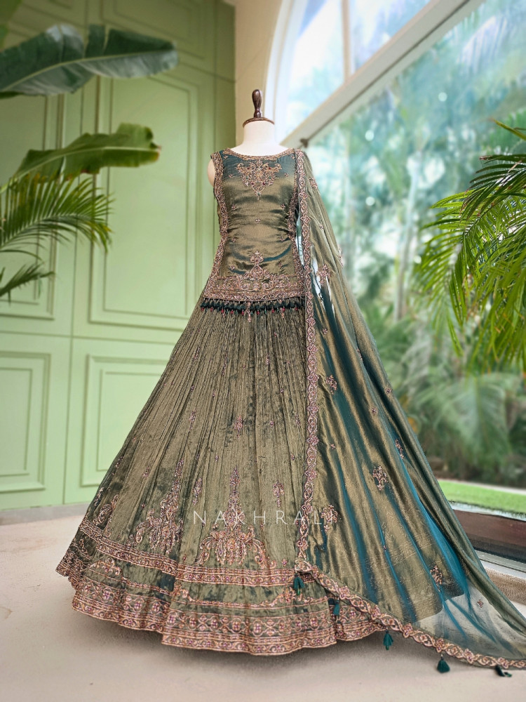 Image of Twilight Moss Olive Green Metallic Tissue Silk Indo-Western Lehenga