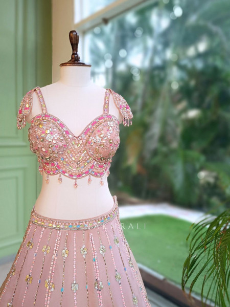Solaris Petal Pink Satin Silk & Soft Net Lehenga