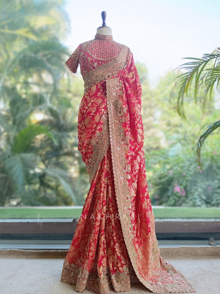 Kundan-Crested Red Banarasi Katan Silk Saree with Readymade Blouse