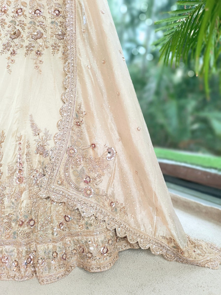 Tvarika Beige Tissue Organza Bridal Lehenga With Zardozi Tilla & Scalloped Work