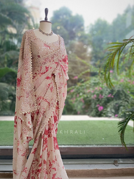 Scarlet Cream Saree with Floral Print & Heavy Embellished Readymade Blouse