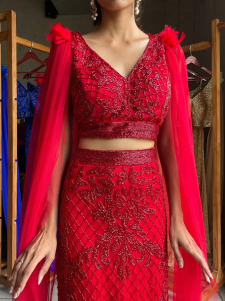 Nova Red Crop Top & Skirt Set with Cut Dana Work