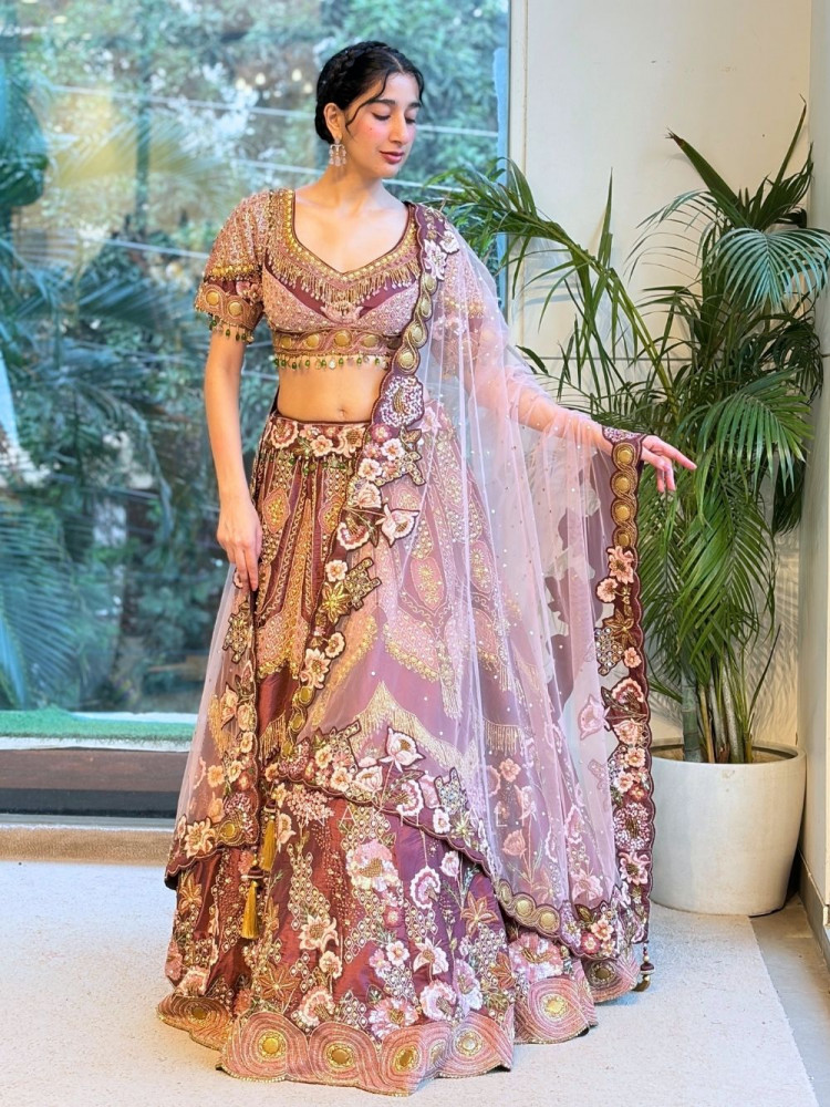 Image of Mihrab Bloom Maroon Raw Silk, Satin-Silk &amp; Tulle Net Lehenga