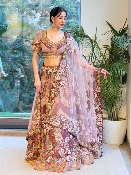 Mihrab Bloom Maroon Raw Silk, Satin-Silk & Tulle Net Lehenga