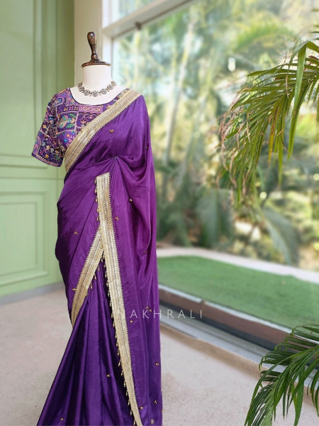 Rati Purple Saree with Gota Patti Border & Multicolor Embroidered Readymade Blouse