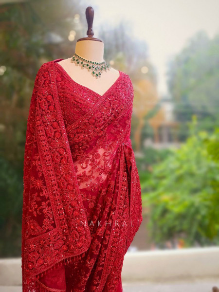 Scarlet Bloom Red Net Saree with Sequin and Stone Embroidery