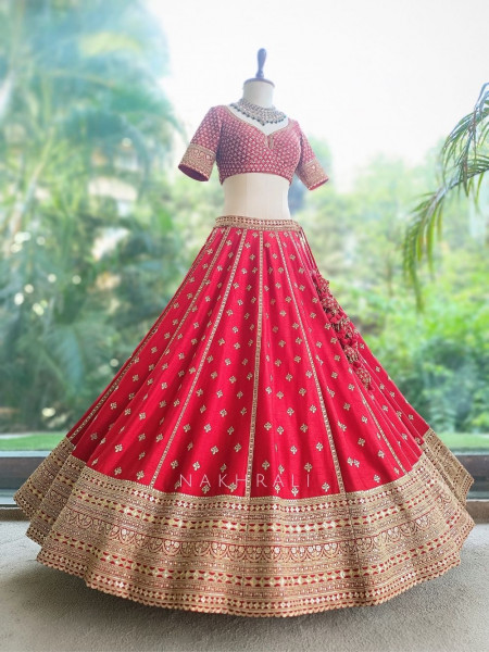 Zardozi Lattice Red Raw Silk & Soft Net Bridal Lehenga
