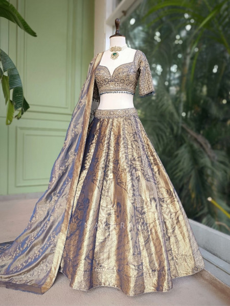 Aavika Blue Brocade Lehenga Set with Sequin Embroidery