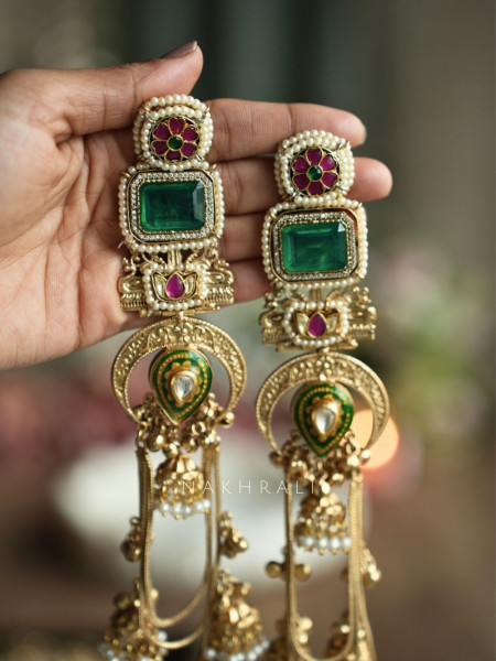Alora Forest Green Stone Long Kashmiri Earring