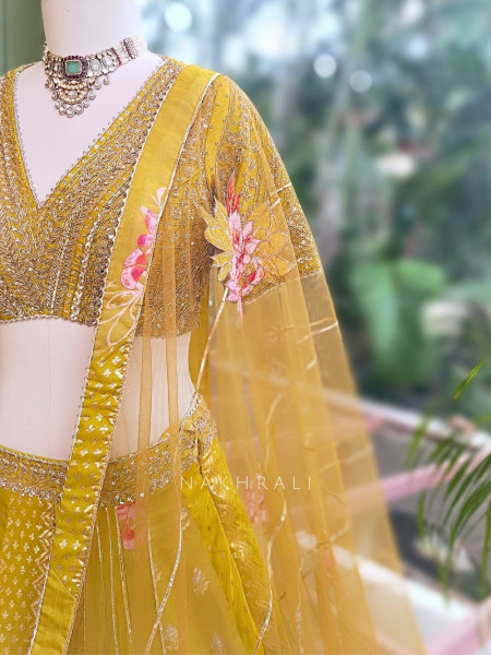 Gilded Fern Mehendi Green Banarasi Silk & Georgette Lehenga Choli