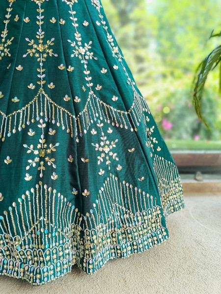 Cloverine Green Raw Silk Indo-Western Lehenga Set