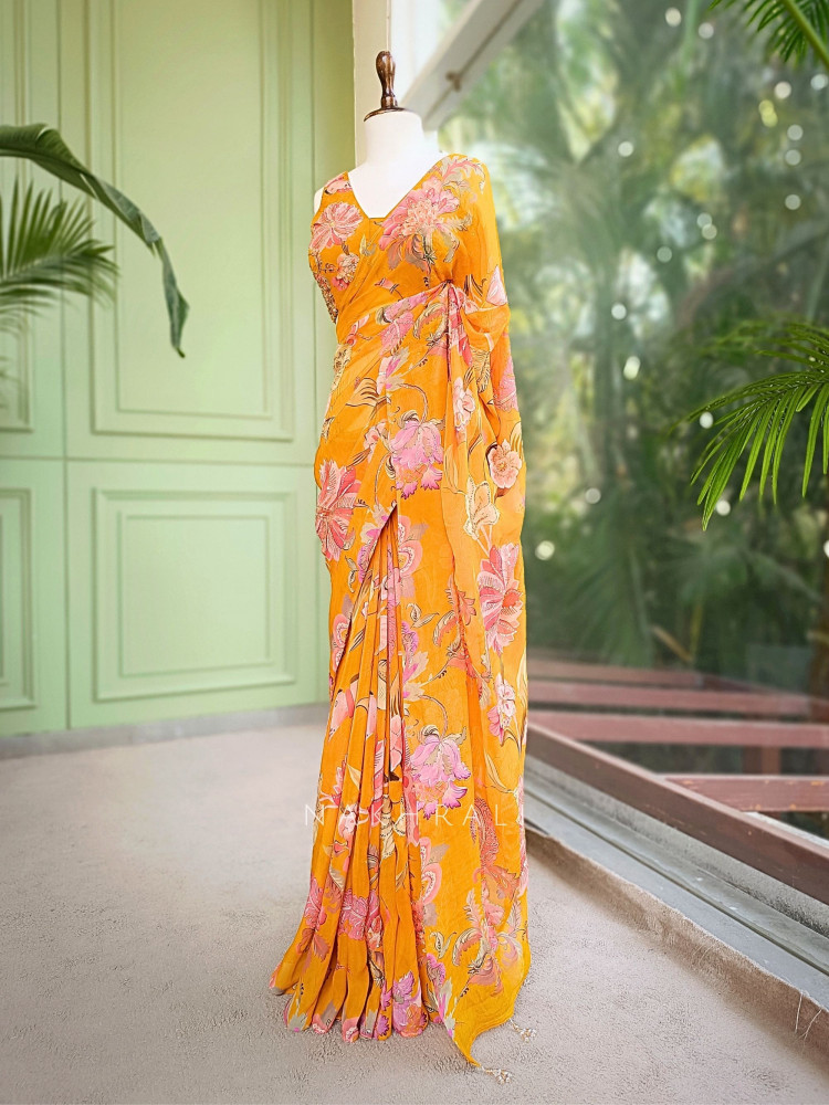 Image of Dahlia Yellow Organza Saree with Sequin and Cut Dana Work