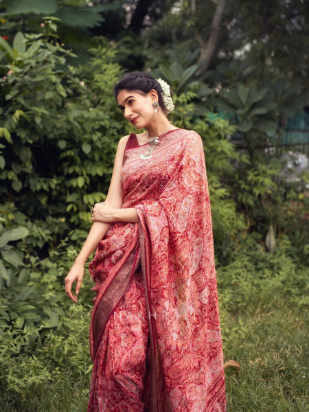 Rudra Red Silk Saree with Brocade Border and Stone Work