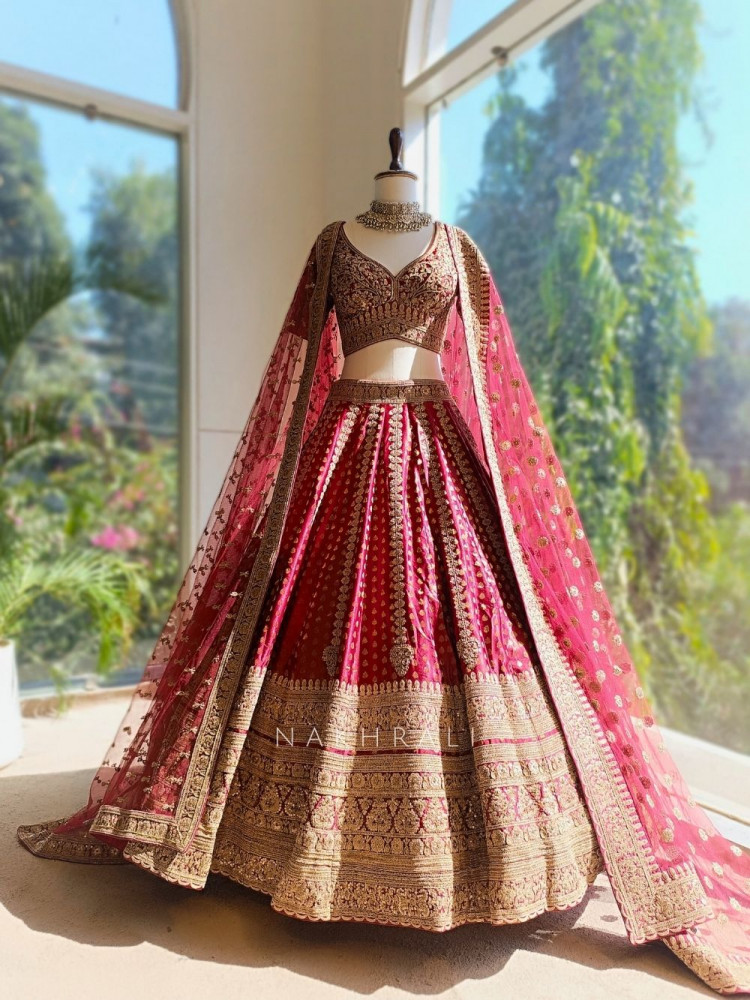 Image of Rivaya Maroon Bridal Lehenga with Zari Sequin and Gota Work