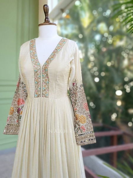 Niraya Cream Anarkali Set with Mirror, Sequin & Thread Embroidery
