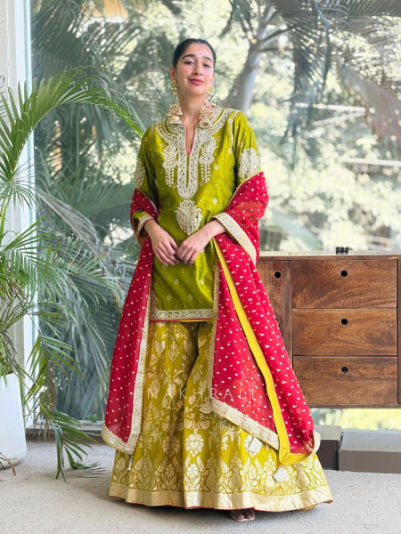 Anokhi Olive Green Zari Sequin Suit Set with Contrast Dupatta