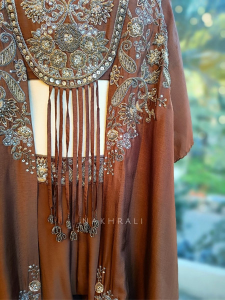 Mocha Veil Embroidered Crop Top Palazzo Set with Cape Jacket