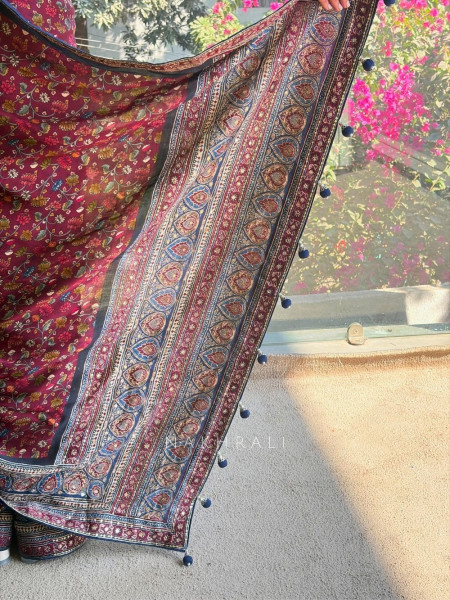 Maroon Floral Ajrak Modal Silk Saree