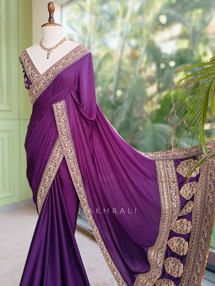 Image of Gilded Borderways Purple Chinnon Silk Saree with Running Blouse