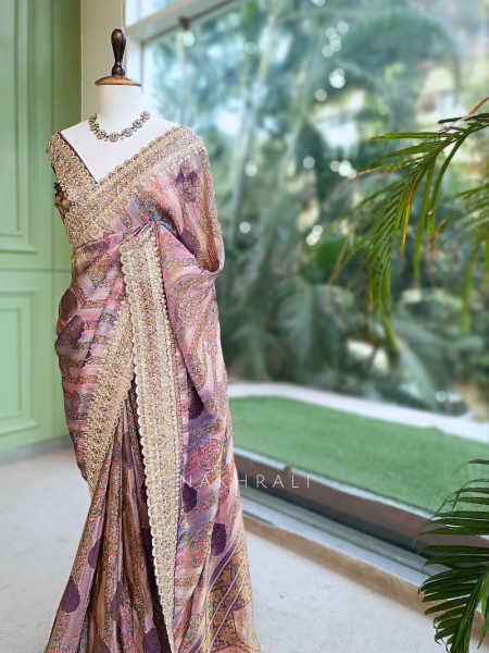 Resham Kyari Purple Crepe Silk Printed Saree