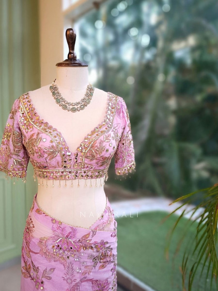 Petal Gleam Lavender Floral Silk Organza Saree