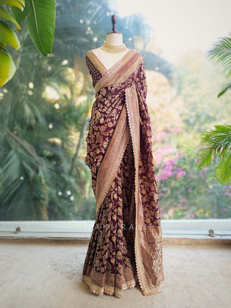 Image of Soraya Wine Silk Saree with Zari and Sequin Work