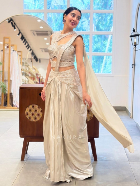 Luminary Off White Satin Blend Drape Saree with Corset Blouse – Bead, Sequin & Cutdana Work