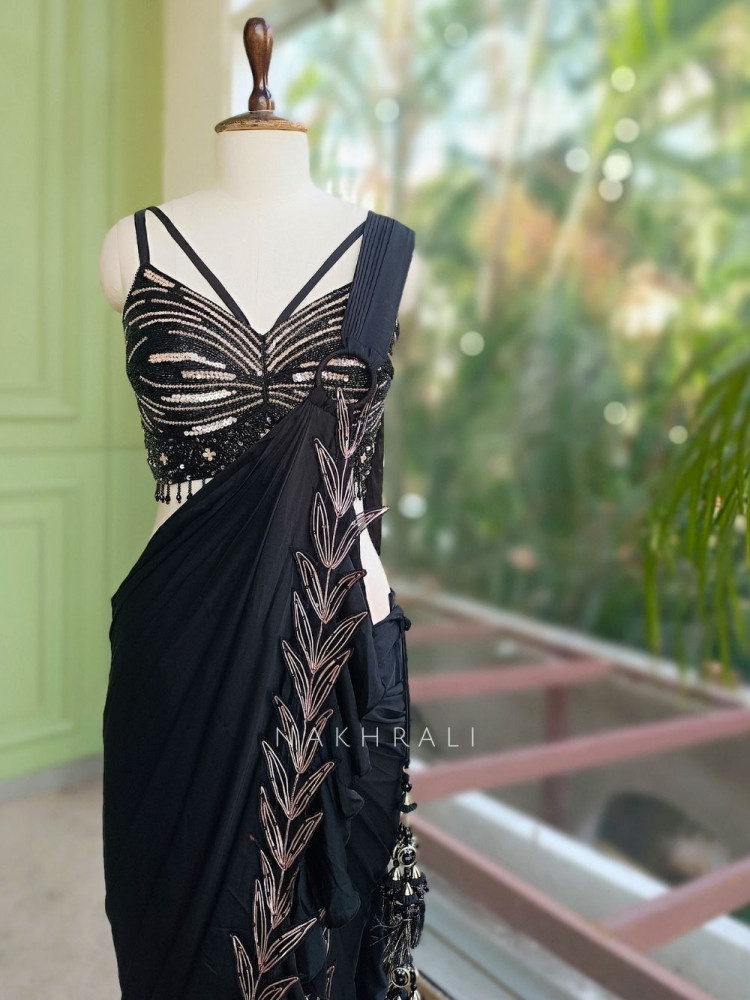 Image of Cosmo  Black Pre-Draped Saree with Corset Blouse
