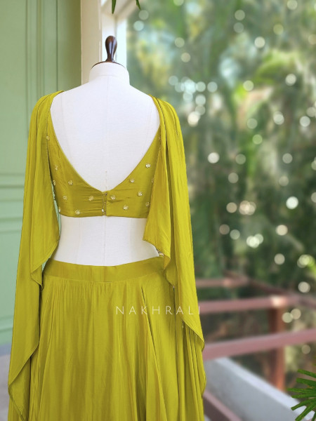 Parrot Green Indo Western Drape Skirt Set with Floral Sequin Embellished Blouse