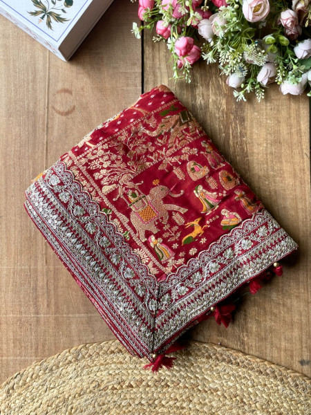 Rivayat-e-Aroos Maroon Saree With Heritage Motif Border Work