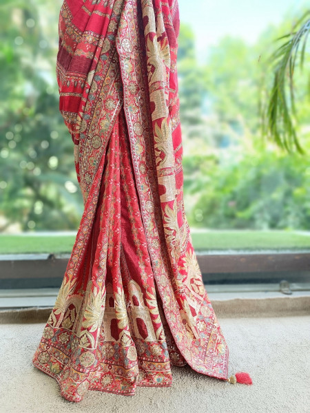 Dia Red Tussar-Crepe Blend Saree with Readymade Blouse