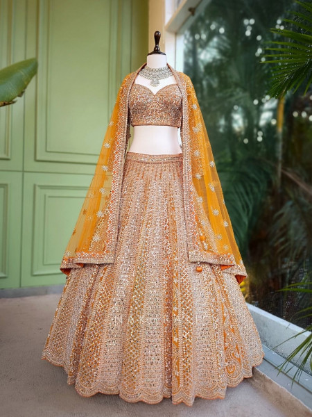 Sitara Orange Net Lehenga with Mirror, Zari and Bead Embellishments