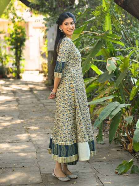 Umrao Cream Angrakha Cotton Kurta