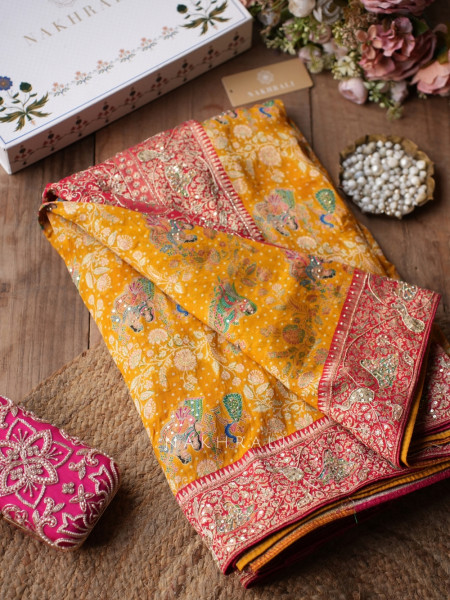 Rangraas Mustard Pure Gajji Silk Saree with Running Blouse Piece
