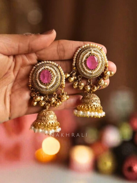 Ruhani Pink Stone Jhumka Earrings