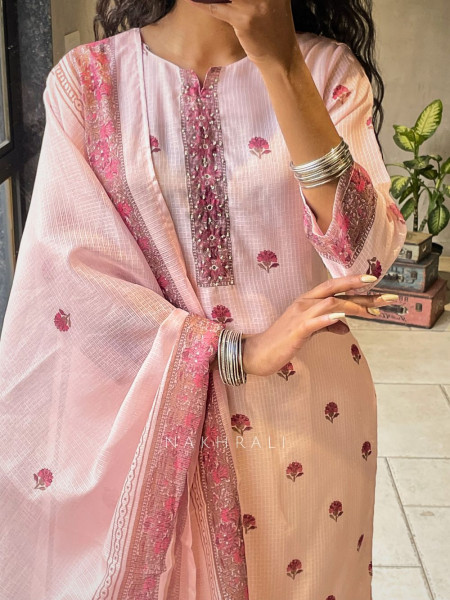 Meher Peach Kota Doria Suit Set with Floral Print