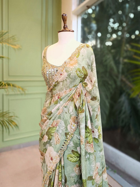 Flora Green Floral Saree with Mirror & Gota Work