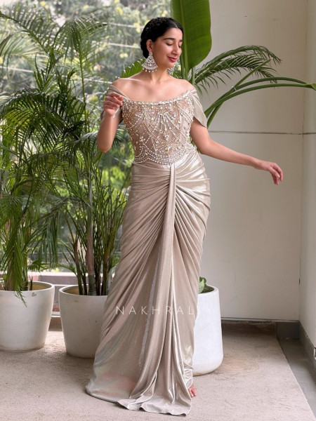Nivelle Grey Indo-Western Gown with Bead Sequin Work