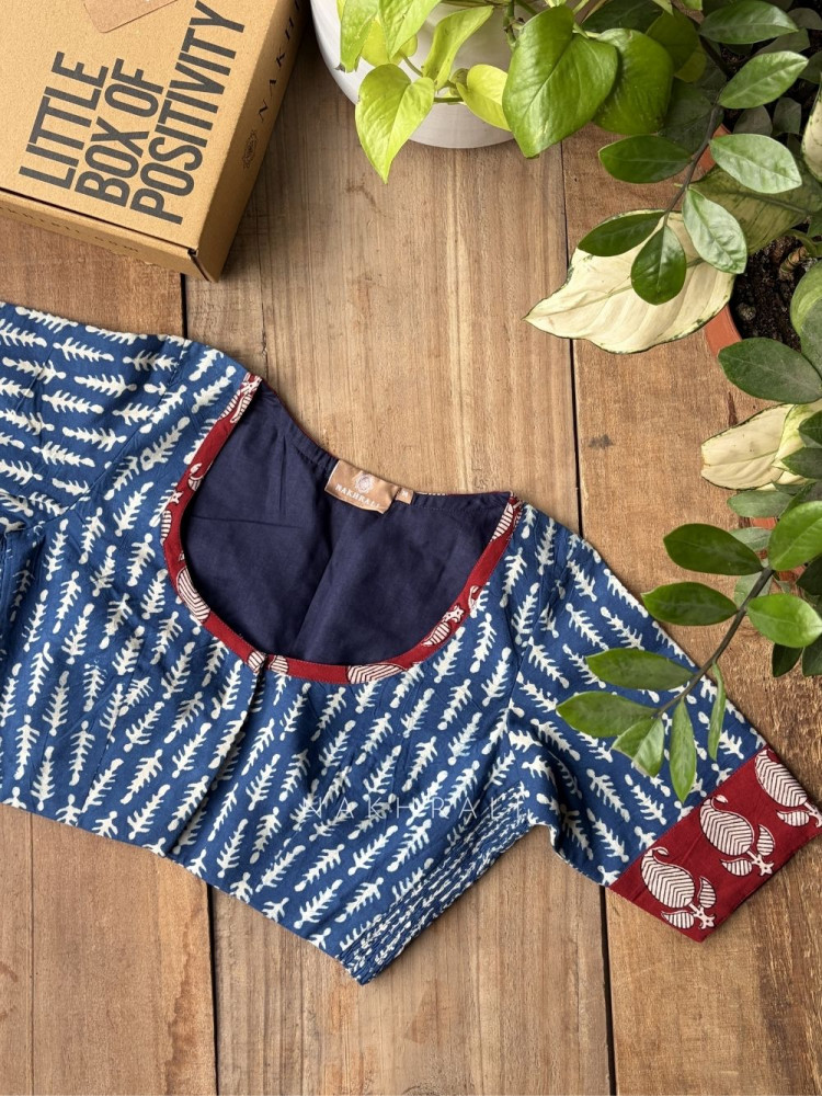 Image of Mrittika Blue Blouse Printed With Elasticated Fit
