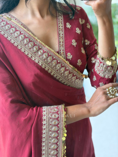 Thalassa Coin Maroon Chinon Georgette Saree