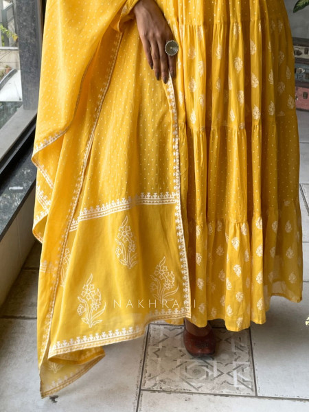 Mihira Yellow Cotton Anarkali Suit Set with Printed Dupatta