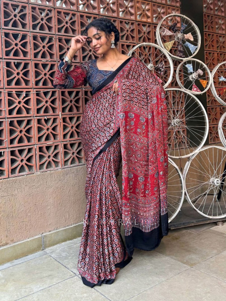 Chitra Maroon Modal Silk Saree With Ajrakh Print