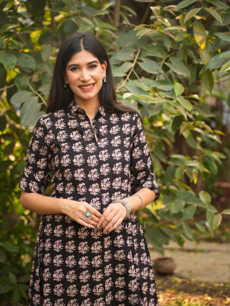 Rihana Black Cotton Block Printed Button-Down Dress