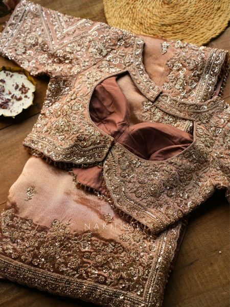 Rivaan Brown Saree with Cut Dana Sequin Embroidery and Readymade Blouse