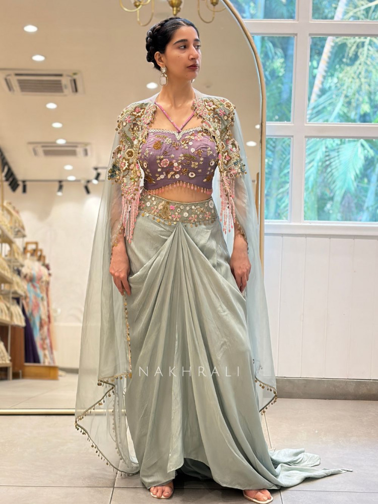 Image of Vyomi Blue Indo Western Crop Top Skirt Set with Multicolor Embroidery