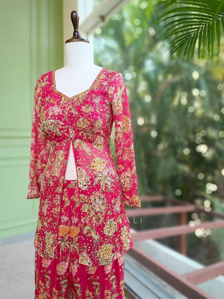 Sumreen Georgette Kurta Palazzo Set With Floral Print with Sequin & Mirror Work