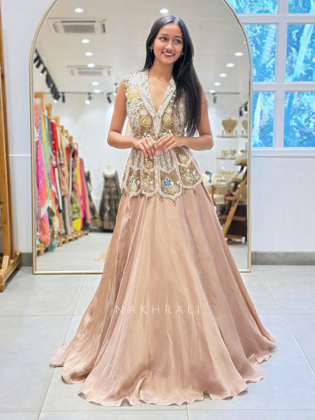 Linear Eden Peach Georgette & Tulle Net Lehenga