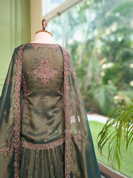 Twilight Moss Olive Green Metallic Tissue Silk Indo-Western Lehenga