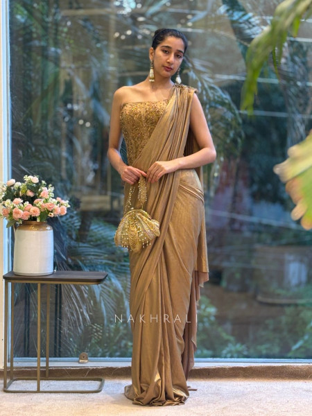 Hazel Radiance Brown Corset Drape Saree